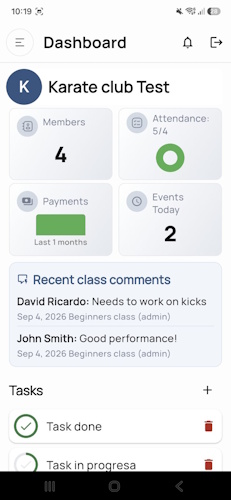 DojoExpert martial arts school management app dashboard