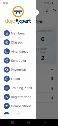 DojoExpert app menu