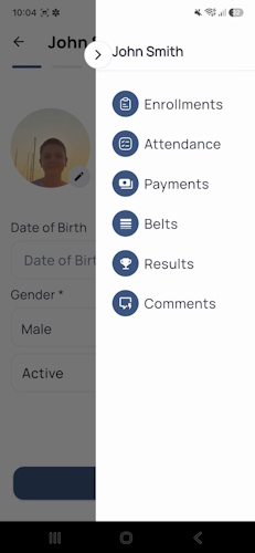 Member management menu in the DojoExpert app