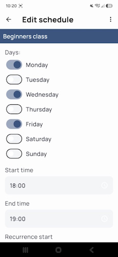 Class schedule in the DojoExpert app
