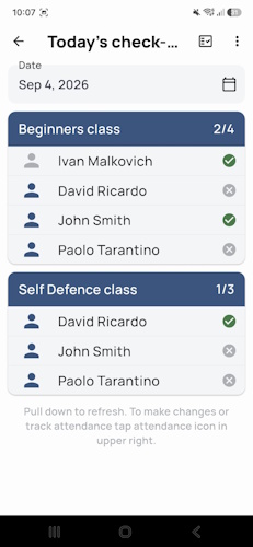 Attendance check-in screen in the DojoExpert app