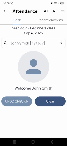 Kiosk check-in screen in the DojoExpert app