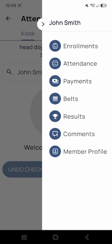Kiosk attendance submenu in the DojoExpert app