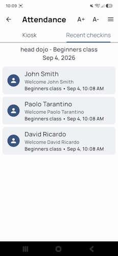 Recent check-ins in the DojoExpert app