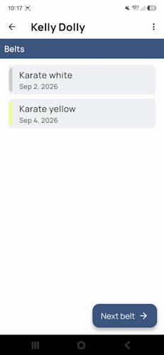 Belt promotions overview in the DojoExpert app