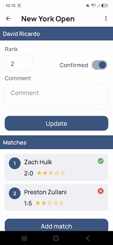Competition match results in the DojoExpert app