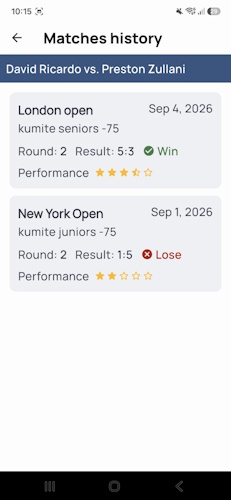 Competition match history in the DojoExpert app