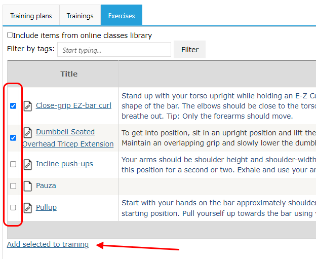 add exercises to training